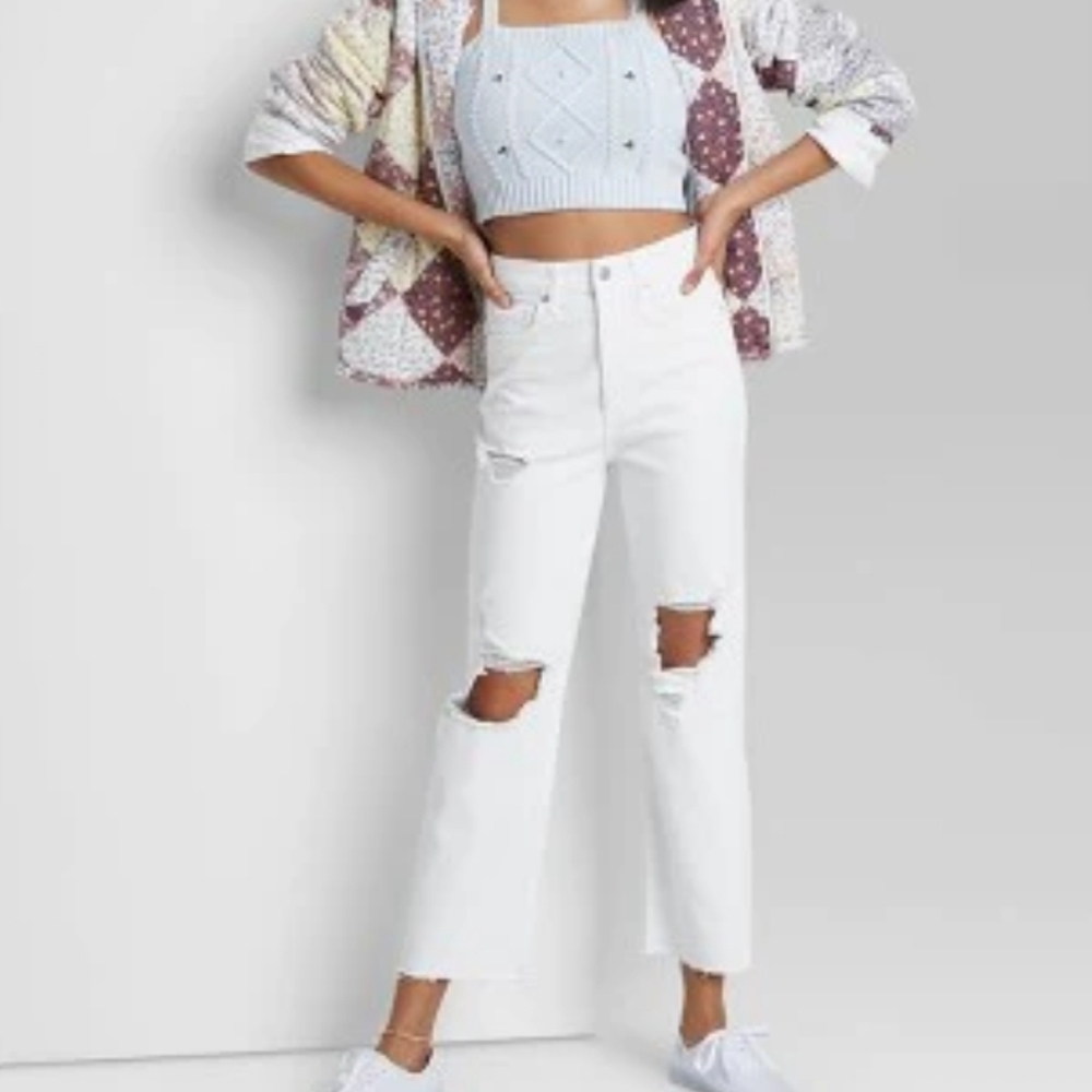 SUPER-HIGH RISE DISTRESSED CROPPED STRAIGHT JEANS - WILD FABLE WHITE 8 F-3